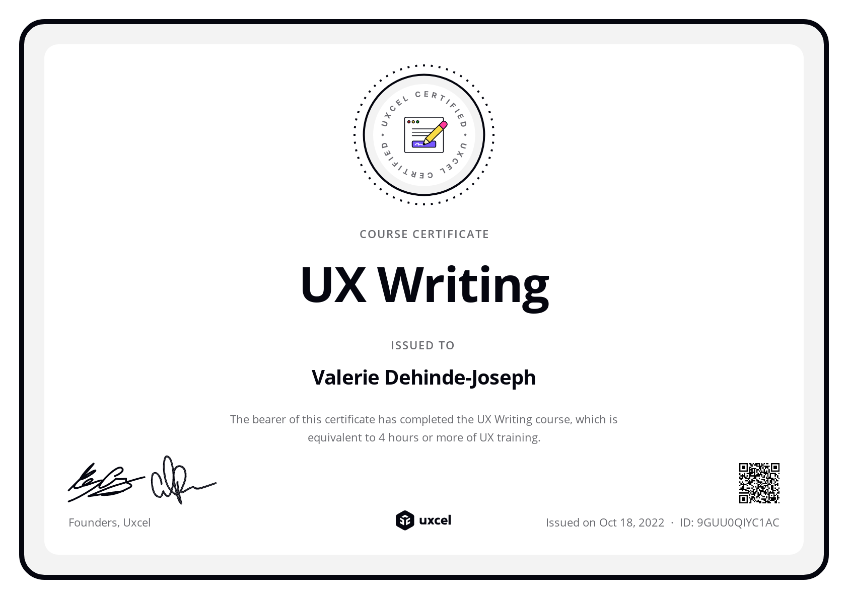 Valerie Dehinde-Joseph's certificate